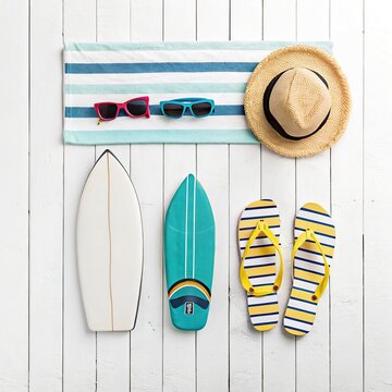 Hello Summer lettering with shells and palm leaves on sand background.,Beach accessories on blue wooden background. 