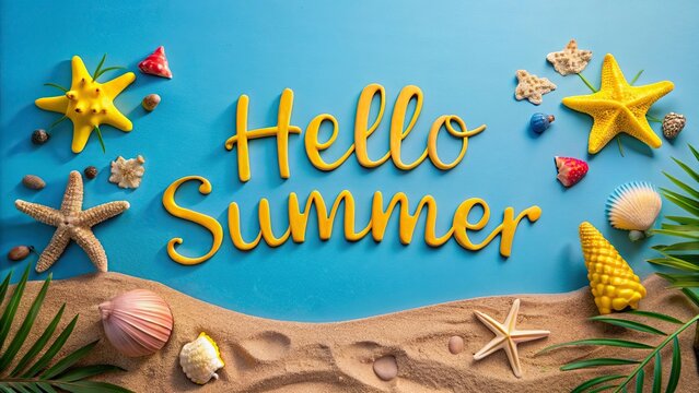Hello Summer lettering with shells and palm leaves on sand background.,Beach accessories on blue wooden background. 