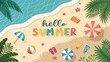 © Graphic Leading  - Hello Summer lettering with beach accessories on sand background.