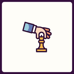 Poster - Strategy chess play concept represented with hand placing game piece icon