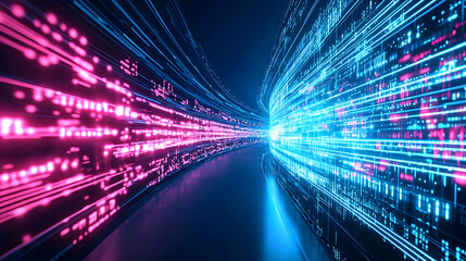 Poster - Futuristic Data Stream Tunnel With Pink And Blue Neon Lights In A Dark Cyberspace Corridor With Perspective And Depth