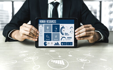 Poster - human resources management software on computer screen helping human resources employee to manage re