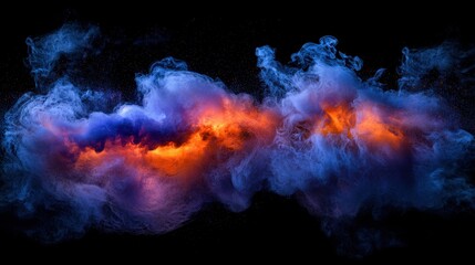 Fototapete - Vibrant swirling clouds of orange, blue, and purple smoke flow together against a pitch-black background, creating an intense and captivating display of colors and shapes
