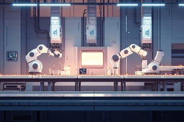 Fototapete - Automated factory utilizing robotic machines and AI for efficient production control and management in a modern setting