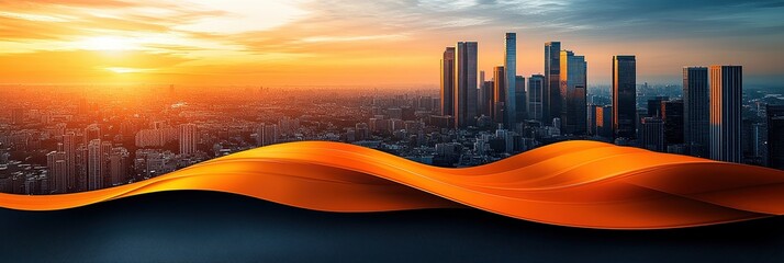 Poster - Vibrant city skyline at sunset with flowing abstract shapes in the foreground