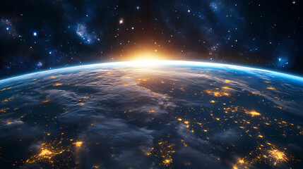 Wall Mural - Panoramic view of the earth from orbit featuring radiant city lights glowing through a gentle veil of clouds floating in the vast expanse of space. Radiant Veil. Illustration