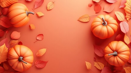 Poster - Celebrate Thanksgiving Day with vibrant 3D orange pumpkins and fall foliage displayed in a stunning horizontal layout for festive spirit