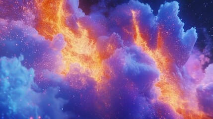 Poster - Swirling clouds burst with intense colors of orange, purple, and pink, creating a celestial spectacle that captures the beauty of a magical night sky