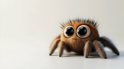 Close Up of a Fuzzy Brown Jumping Spider with Large Eyes on White Background