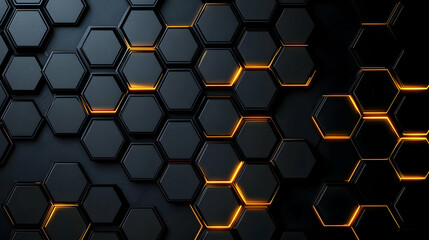 Poster - Black Hexagonal Pattern with Orange Glow Abstract Digital Technology Background