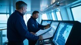 Two crew members operating navigation equipment on a ship's bridge, with ocean view outside