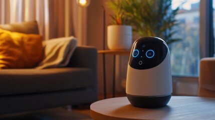 Aufkleber - Robot assistant engages with family members in a cozy living room setting during evening hours