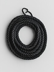 Poster - Black jump rope coiled in a minimalist spiral design on a smooth grey background, perfect for fitness and exercise activities