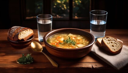 Poster - Rustic Wooden Table Adorned With Simple Lenten Meal Featuring Vegetable Soup and Fresh Bread