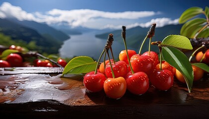Aufkleber - Vibrant Chilean Cherries Glisten Under Sunlight Near Tranquil Lake in Lush Landscape