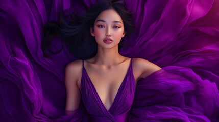 Aufkleber - A serene moment captures a model with long dark hair, elegantly posed in a cascade of purple fabric. The setting sun bathes the scene in warm light, enhancing the ethereal quality of the composition