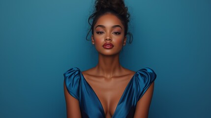 Poster - A beautiful model poses gracefully, showcasing her stylish blue attire. Her confident expression and the vibrant backdrop create a captivating contrast, emphasizing her elegance
