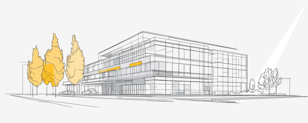 Linear flat icons set of modern buildings with trees – architectural vector design.