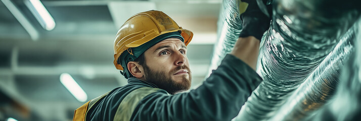 Poster - Construction worker expertly installs green pipes in modern facility
