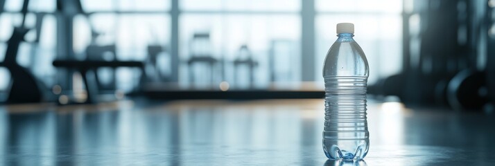 Poster - Transparent water bottle sits on clean gym floor with blurred workout equipment in background and ample space for motivational text or brand display
