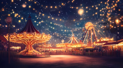 Wall Mural - Vintage carnival under a glittering sky full of stars with colorful rides and dreamy lights creating a whimsical and nostalgic atmosphere for a fun and magical. Dreamy Illumination. Illustration