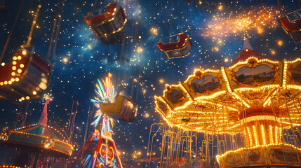 Wall Mural - Vintage carnival under a glittering sky full of stars with colorful rides and dreamy lights creating a whimsical and nostalgic atmosphere for a fun and magical. Dreamy Illumination. Illustration