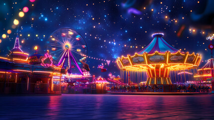 Wall Mural - Vintage carnival under a glittering sky full of stars with colorful rides and dreamy lights creating a whimsical and nostalgic atmosphere for a fun and magical. Dreamy Illumination. Illustration