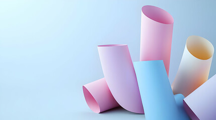 Poster - Abstract Arrangement of Rolled Pastel Pink Blue and White Paper on Light Blue Background in Minimalist Style