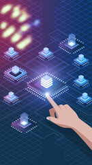 Poster - Isometric illustration of a hand interacting with a digital network, showcasing interconnected processors and data flow, representing technological connection and innovation