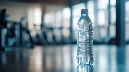 Poster - Minimalist transparent water bottle positioned in a gym setting for hydration during workouts or fitness routines