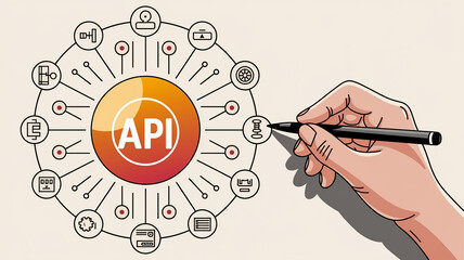 Poster - Illustrative diagram showing API connections, a central orange circle with 