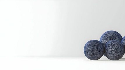 Poster - Three Textured Blue Spheres on a White Studio Background With Pixelated Design in Modern Abstract Digital Art