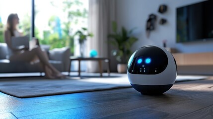 Leinwandbilder - Smart assistant interacts with family members in a modern living room while enhancing daily activities at home