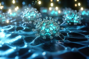 Poster - Microscopic view of glowing particles on a textured surface during a scientific exploration