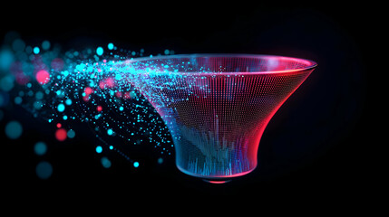 Poster - Abstract Digital Design Of A Glowing Funnel Structure With Red And Blue Lights And Particle Effects Against A Dark Background
