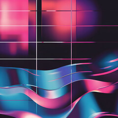 Poster - Flowing shapes and grid pattern merge in abstract background, creating a modern and dynamic design with vibrant colors