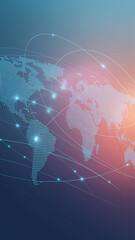 Poster - Abstract world map formed by blue dots, connected by glowing lines on a gradient background, showcasing global network concept, ideal for technology or communication themes