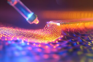 Poster - Colorful light patterns are created by a laser on a wavy surface in a science lab setting