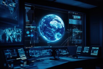 Poster - Digital display of Earth in a futuristic control room featuring advanced technology