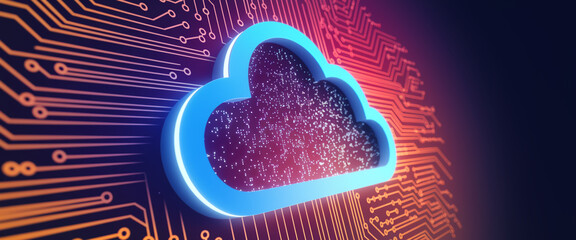 Poster - Blue cloud symbol on orange circuit board background, representing digital cloud storage, data transfer, and network technology concepts