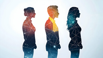 Poster - Silhouette Profiles Of Three People Connected By Network Dots Against A Light Blue Background