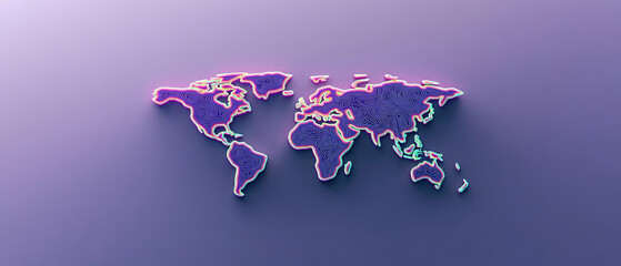 Poster - 3D Pixelated World Map With Vibrant Neon Colors On A Purple Background Rendered In Digital Art