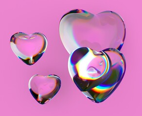 Poster - 3D transparent hearts with iridescent reflections float against a bright pink backdrop, creating a dreamy and whimsical visual effect.