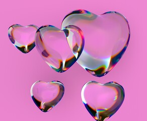 Poster - 3D transparent hearts with iridescent reflections float against a bright pink backdrop, creating a dreamy and whimsical visual effect.