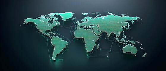 Poster - Glowing Green World Map on Dark Background Depicting Global Interconnection and Digital Network