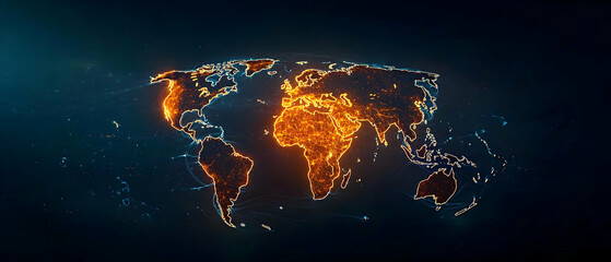Poster - Glowing Orange World Map On Dark Blue Background With Grid Particles In Space