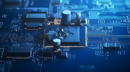 Poster - Close Up Macro View Of Blue Electronic Circuit Board With Microchip And Computer Components Illuminating Light