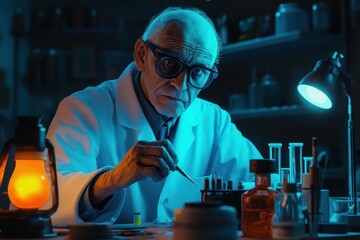 Poster - Scientist conducting research in laboratory with colorful lighting at night