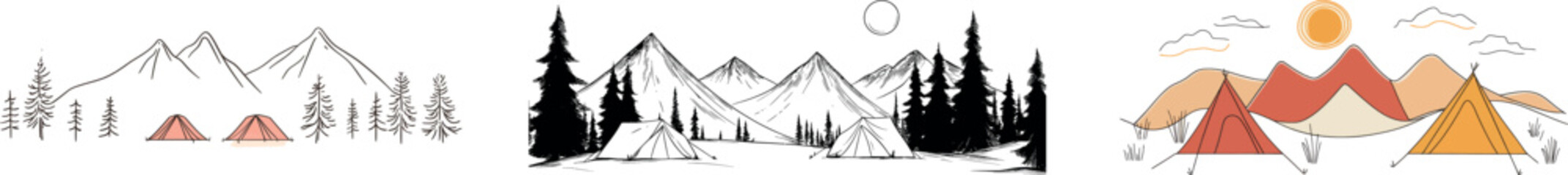 a modern, minimalist black linear sketch of a tourist campsite, featuring a tent camping area at the