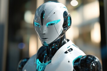 Poster - Futuristic humanoid robot with glowing features on display in a modern exhibition space